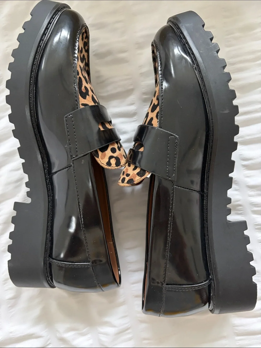 Mia Amore Black Patent Vegan Loafers with Leopard Print and Lug Style Sole. NEW!